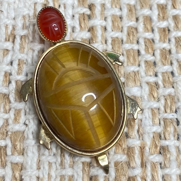 Vtg Brooch Turtle Signed 14k Gold Filled Bojar Scarabs Carved Terrapin Tiger Eye - Picture 5 of 9